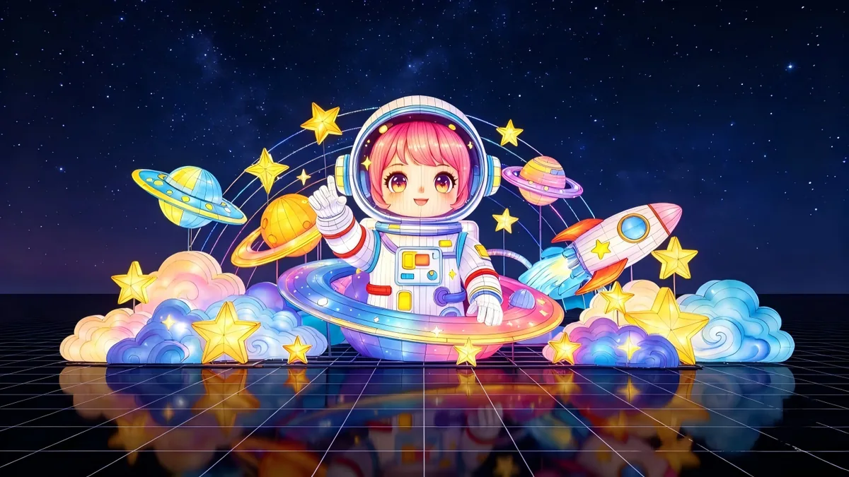 Colourful astronaut-themed festival display, a planned seasonal build