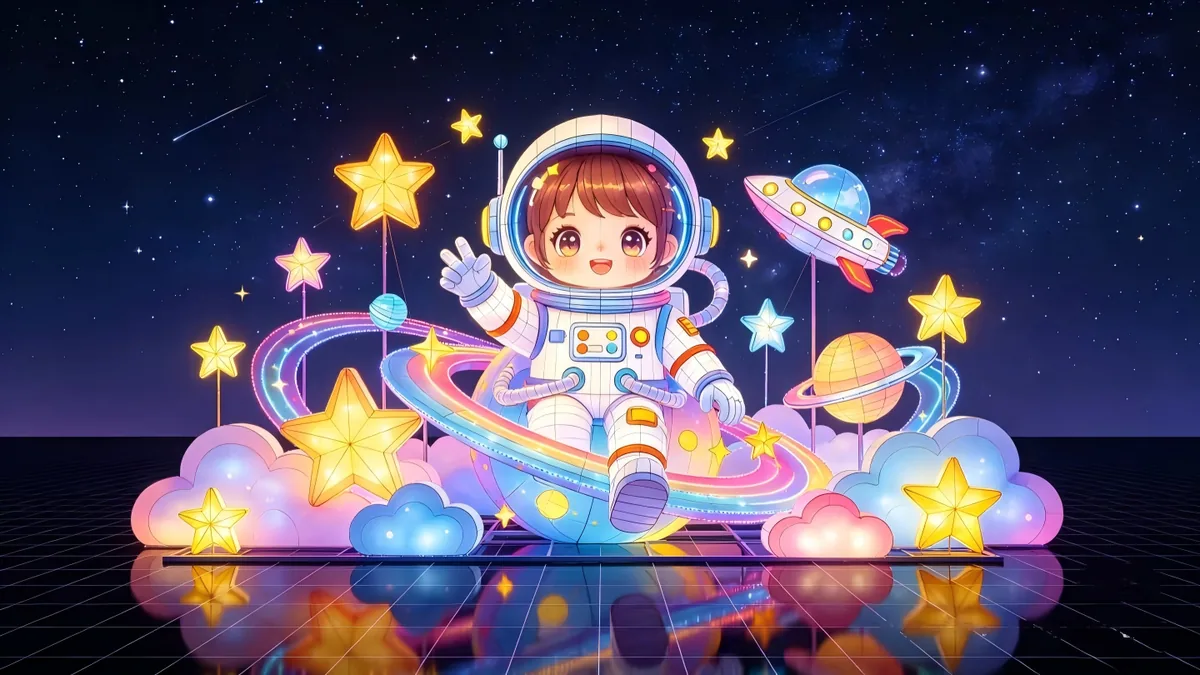 Astronaut-themed festival lantern display, assembled on site abroad