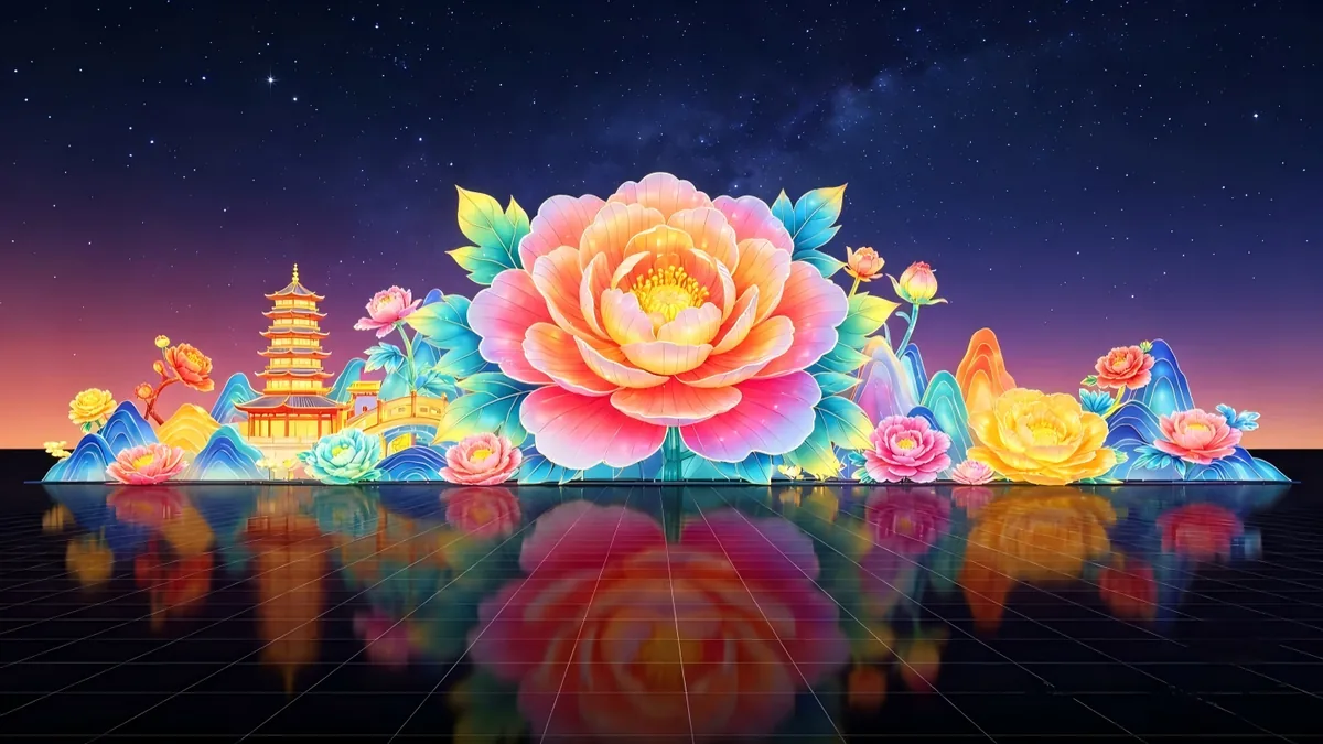 Illuminated peony-and-pagoda display on water, a reference for palette and lighting mood at night