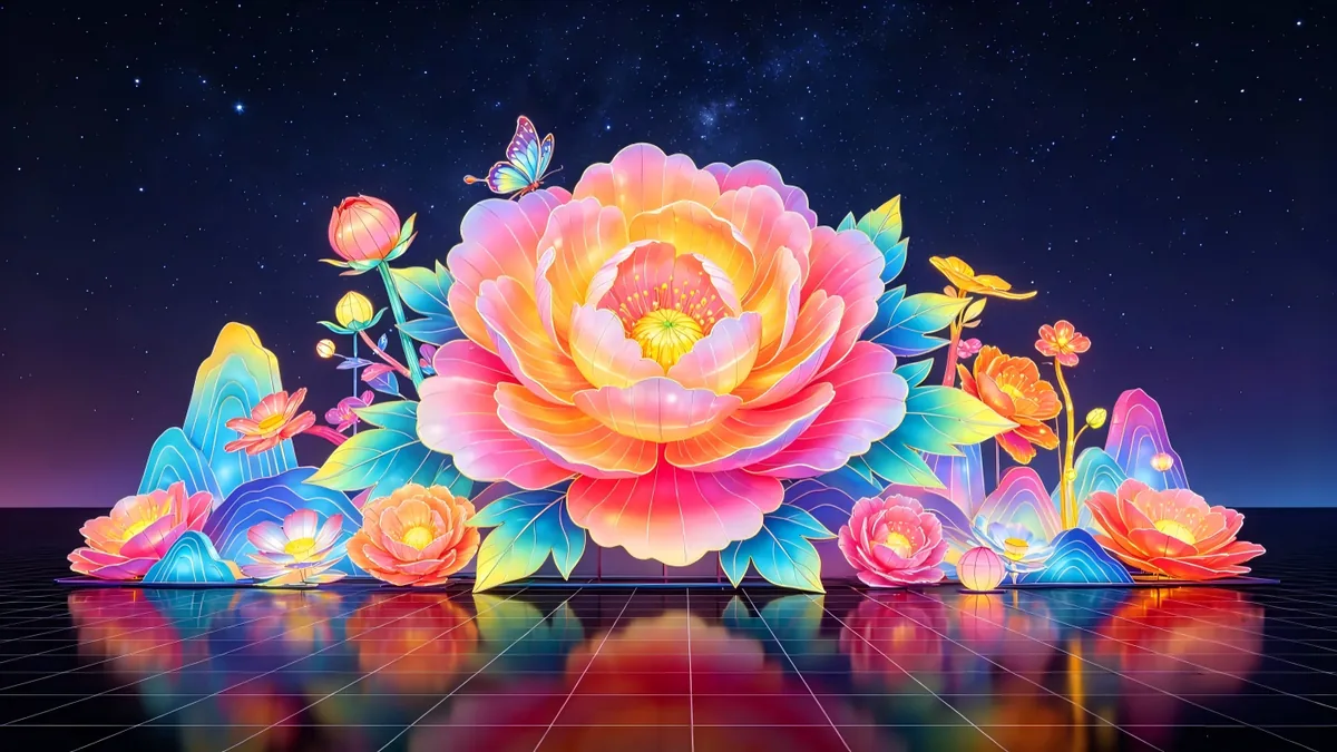 Illuminated peony lantern display, a thematic element for a large festival