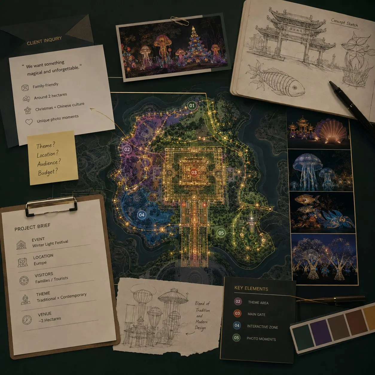 Lantern festival planning mood board with site map and concept sketches
