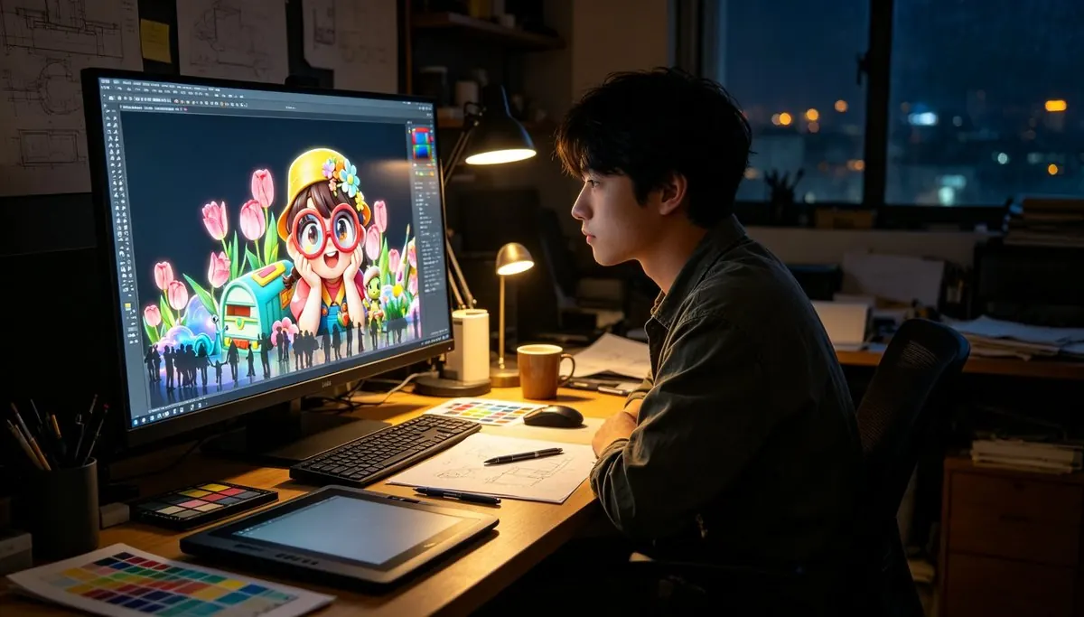 Designer working on a lantern festival scene at a large monitor