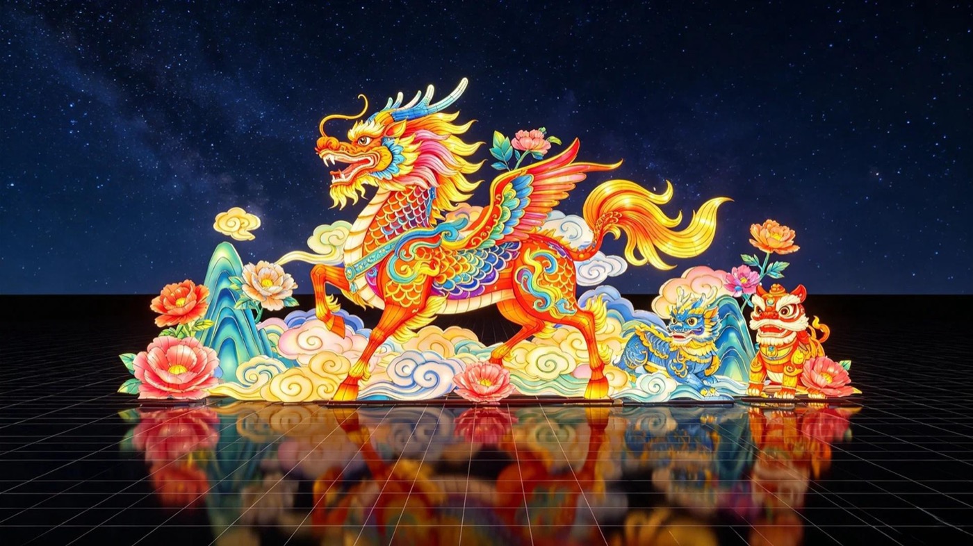Mythical beast lantern display inspired by Chinese folklore