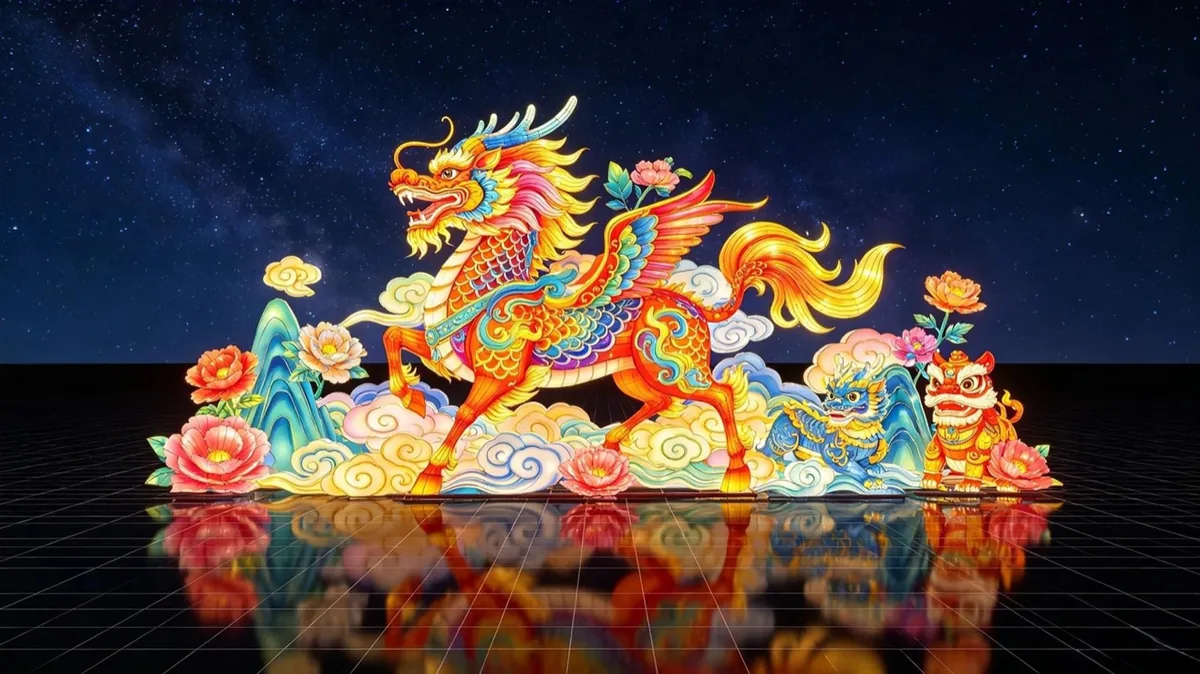 Mythical beast lantern display inspired by Chinese folklore