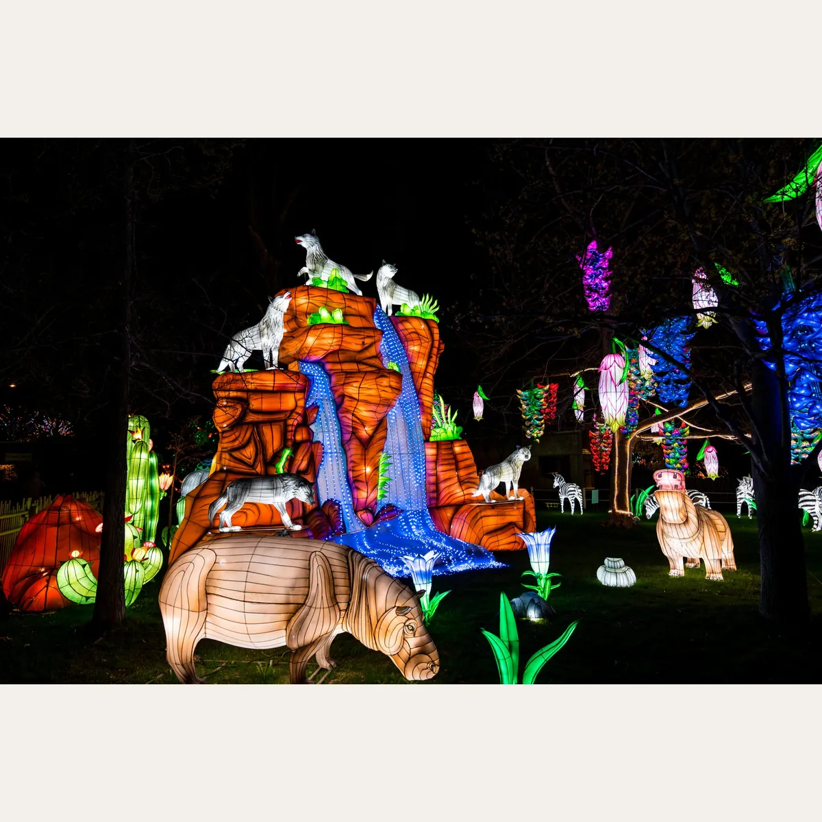 Interactive panda lantern with visitors at a zoo